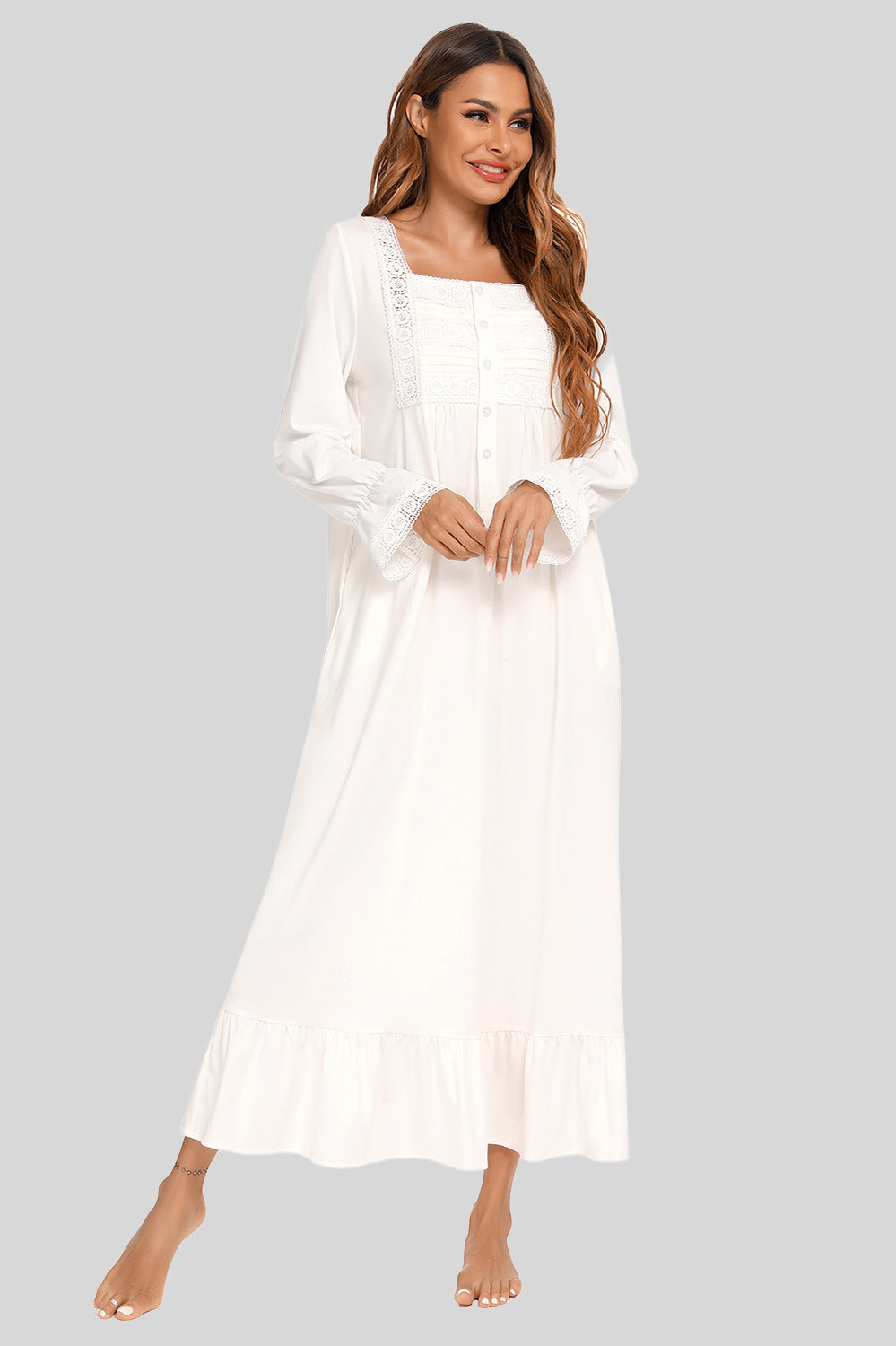 Lace Detail Square Neck Flounce Sleeve Night Dress - Aurelia Clothing