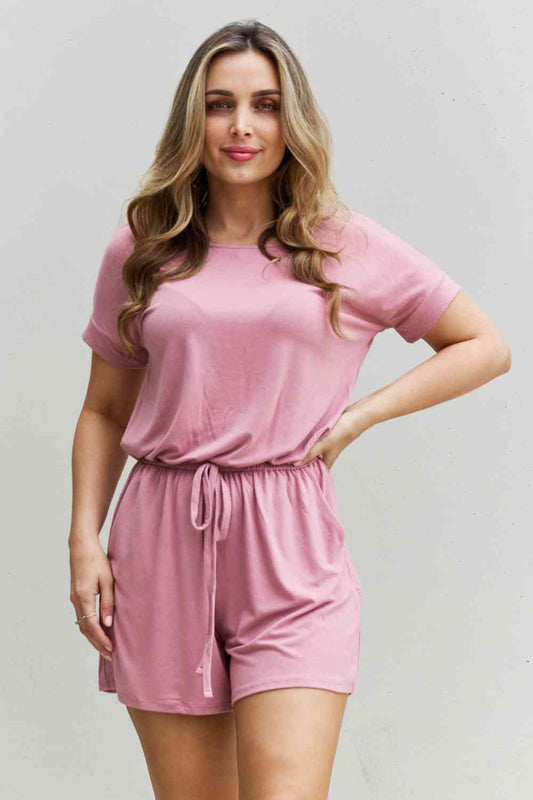 Zenana Chilled Out Full Size Short Sleeve Romper in Light Carnation Pink - Aurelia Clothing